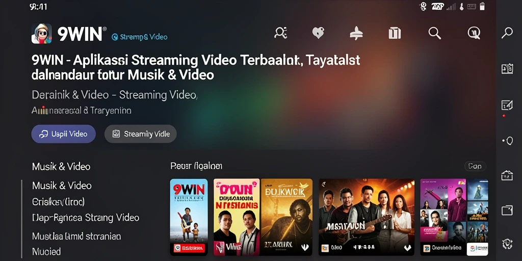 Antarmuka aplikasi 9WIN menampilkan pilihan musik dan video yang menarik.